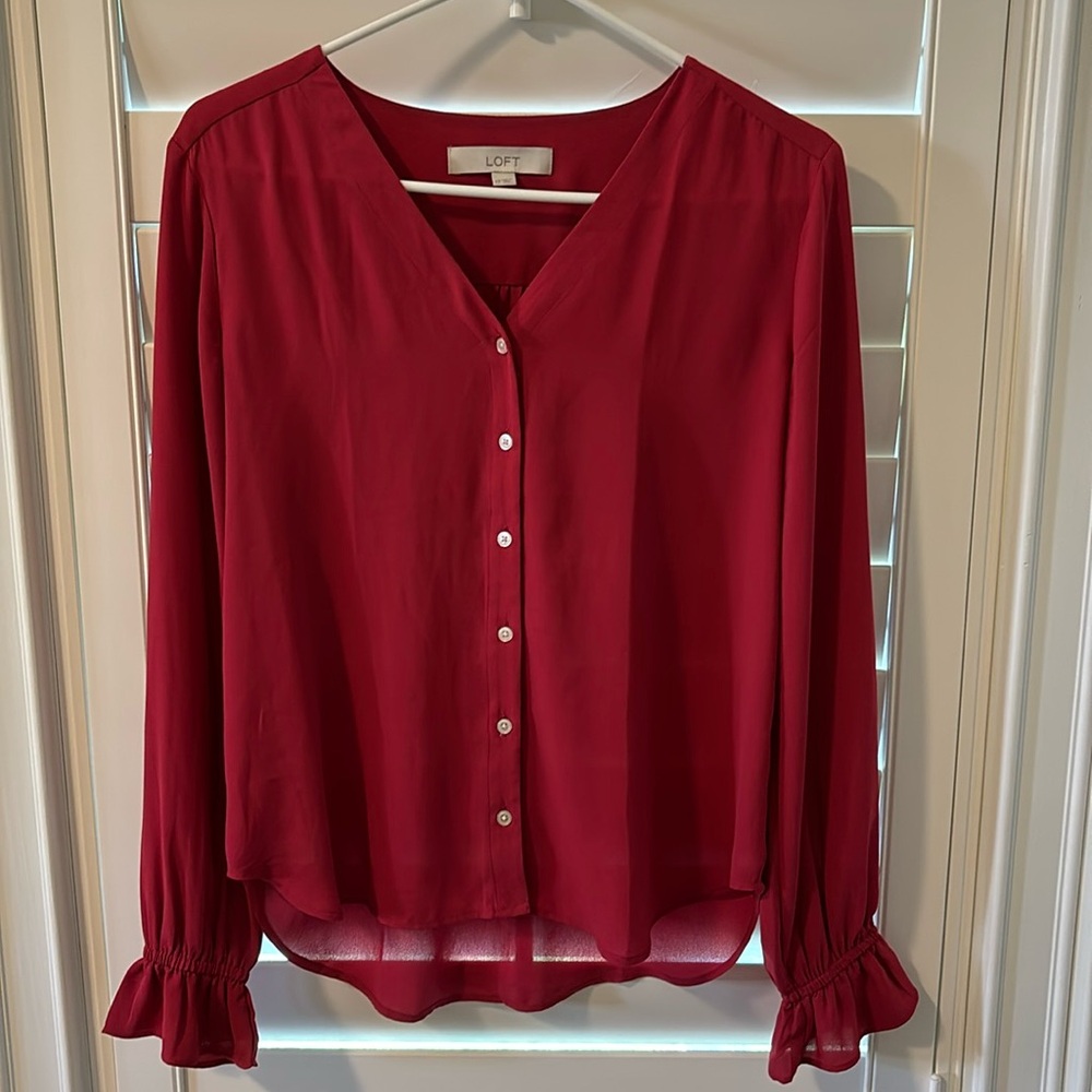 LOFT Women's Button Front Blouse Top Red Gathered Cuff V-Neck | Size Xs